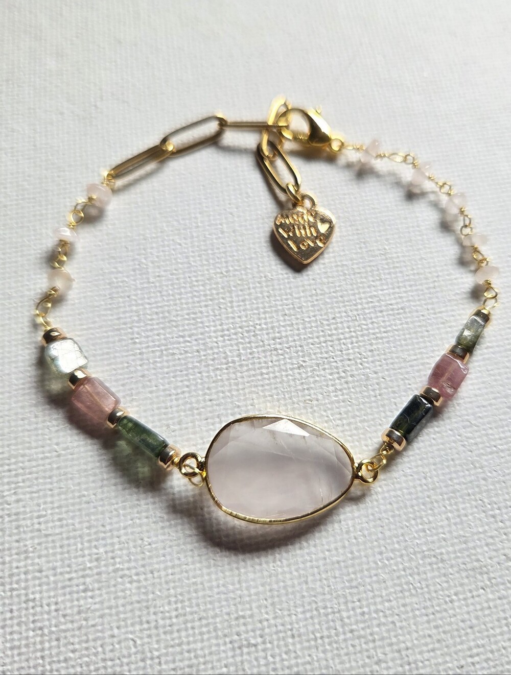Gold & Rose Quartz Beaded Bracelet with Tournaline And Gold Hematite Accents